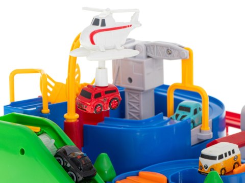 Tor przeszkód interaktywny samochodowy wyścigi parking 4 pojazdy auto autobus radiowóz wóz strażacki helikopter 24x24cm XL