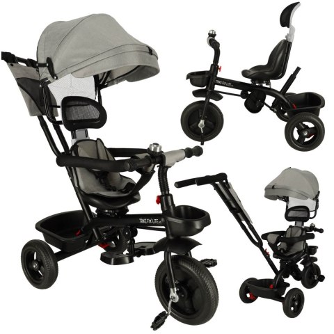 Rowerek trójkołowy TRIKE FIX Lite V2 3w1 z daszkiem obracany regulowany spacerówka prowadnik pasy szary