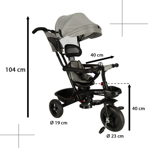 Rowerek trójkołowy TRIKE FIX Lite V2 3w1 z daszkiem obracany regulowany spacerówka prowadnik pasy szary