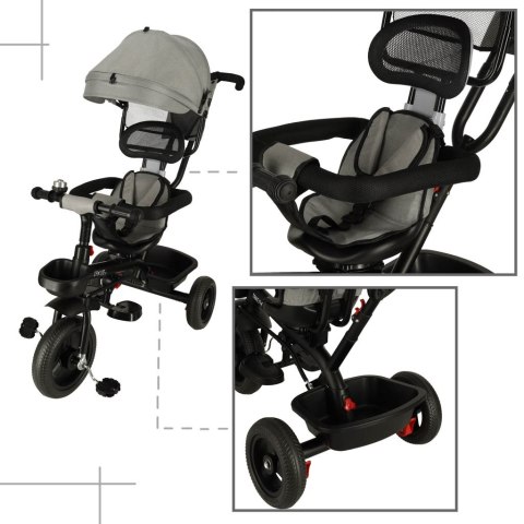 Rowerek trójkołowy TRIKE FIX Lite V2 3w1 z daszkiem obracany regulowany spacerówka prowadnik pasy szary
