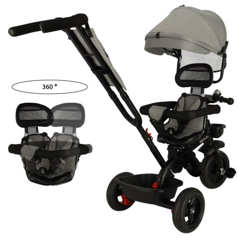 Rowerek trójkołowy TRIKE FIX Lite V2 3w1 z daszkiem obracany regulowany spacerówka prowadnik pasy szary
