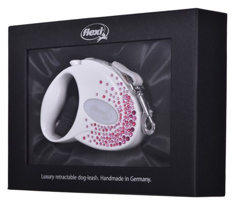 FLEXI Glam Splash Pink z kryształkami Swarovskiego rozm. S - smycz automatyczna - 3 m - biała