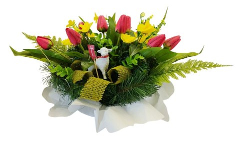WIELKANOCNY STROIK NA POMNIK WIĄZANKA KWIATY TULIPANY BARANEK NA CMENTARZ
