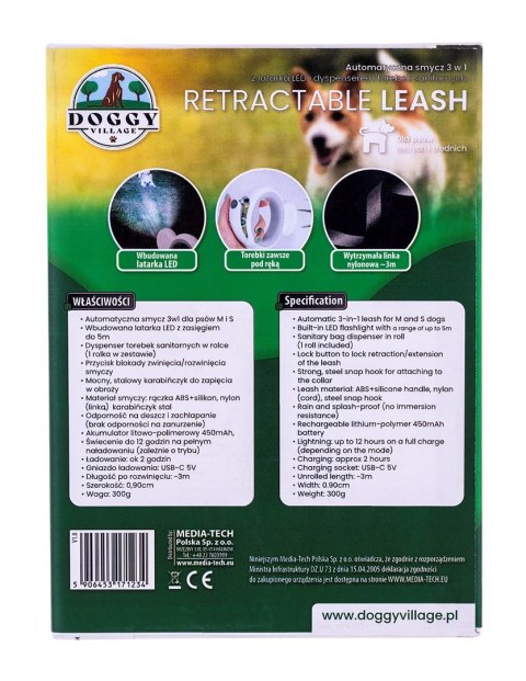 DOGGYVILLAGE SMYCZ AUTOMATYCZNA 3W1 Z LATARKĄ LED NIEBIESKA MT7123