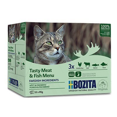 BOZITA Multibox Mięsne i rybne kawałki w sosie MIX SMAKÓW - saszetki dla kota - 12x85g