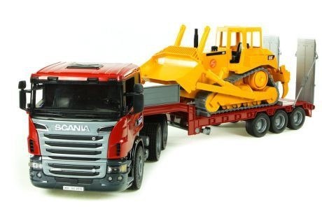 Pojazd Scania R z naczepą i buldozerem BRUDER