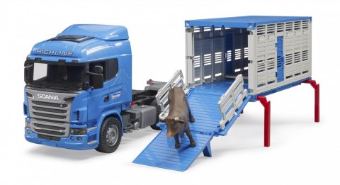 Ciężarówka Scania R do przewozu zwierząt z krową BRUDER