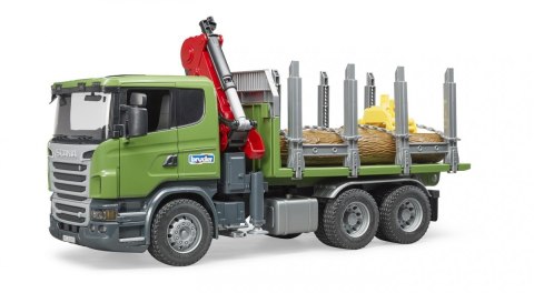 Ciężarówka Scania R z dźwigiem, przyczepą i pniami BRUDER