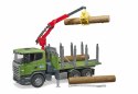 Ciężarówka Scania R z dźwigiem, przyczepą i pniami BRUDER