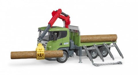 Ciężarówka Scania R z dźwigiem, przyczepą i pniami BRUDER