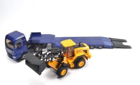 Ciężarówka MAN z lawetą i ładowarką kołową JCB Siku