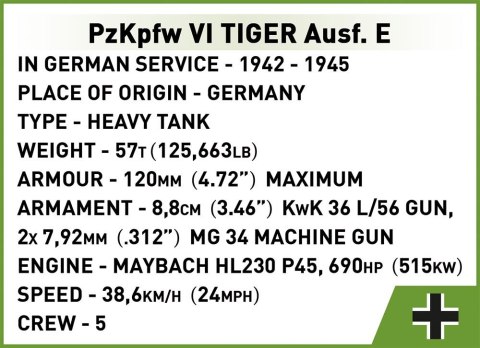 Klocki Historical Collection WWII 800 elementów Panzerkampfwagen VI Tiger Ausf.E Cobi Klocki
