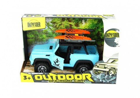 Pojazd Jeep z deską surfingową na bagażniku Dromader