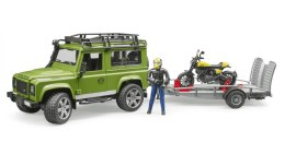 Pojazd Land Rover Defender z przyczepą, motocyklem i figurką BRUDER