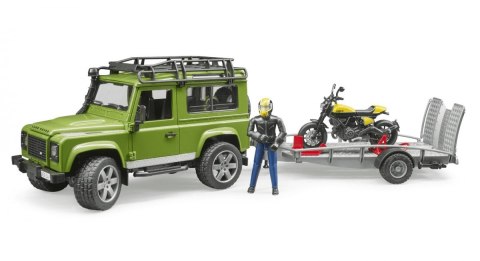 Pojazd Land Rover Defender z przyczepą, motocyklem i figurką BRUDER