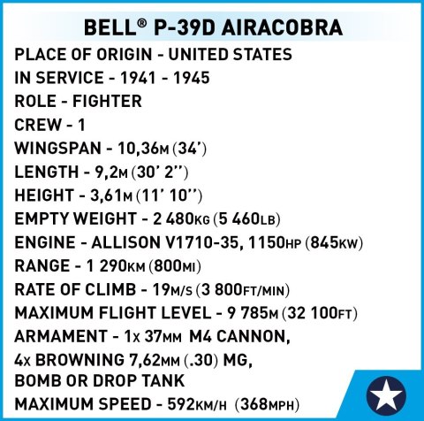 Klocki Historical Collection WWII Bell P-39D Airacobra 361 klocków Cobi Klocki