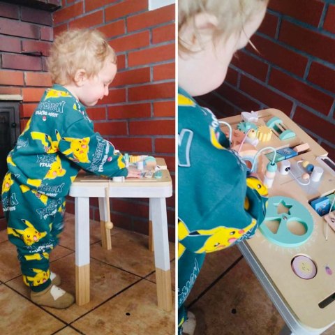 Tablica manipulacyjna LULILO LUDO stolik drewniany sensoryczny miętowy