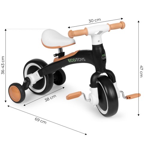 Rowerek biegowy z pedałami - treningowy kółka boczne 3w1 czarny ECOTOYS