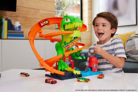 Tor samochodowy Zakręcony tor Remiza T-rexa Hot Wheels