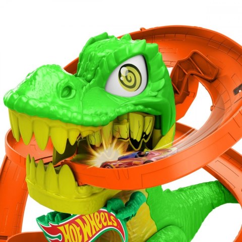 Tor samochodowy Zakręcony tor Remiza T-rexa Hot Wheels