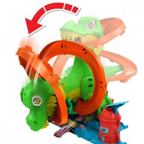 Tor samochodowy Zakręcony tor Remiza T-rexa Hot Wheels