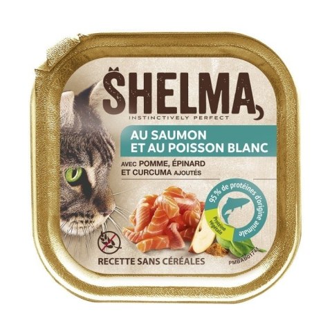 SHELMA Alucup - pełnoporcjowa bezzbożowa karma dla dorosłych kotów. Z łososiem i białą rybą 100g