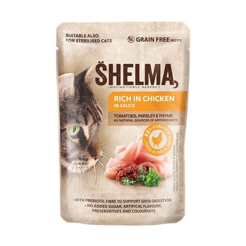 SHELMA saszetka - pełnoporcjowa bezzbożowa karma dla dorosłych kotów. Z kurczakiem, wołowiną, łososiem, dorszem 12x 85 g