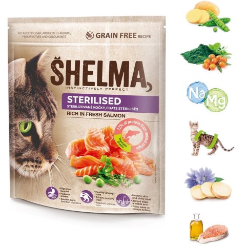 SHELMA karma sucha - pełnoporcjowa bezzbożowa karma dla dorosłych kotów sterylizowanych. Bogata w łososia 750 g