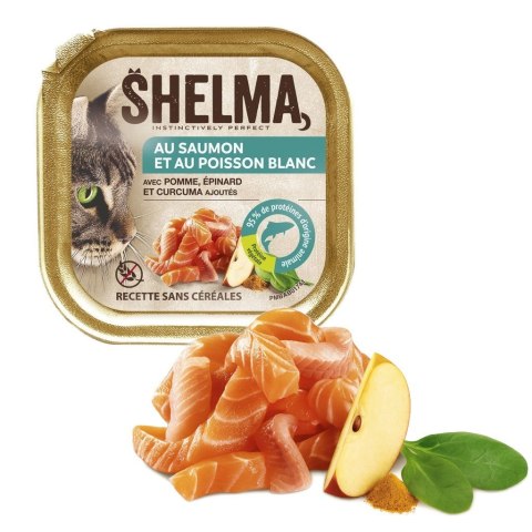 SHELMA Alucup - pełnoporcjowa bezzbożowa karma dla dorosłych kotów. Z łososiem i białą rybą 100g