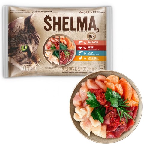 SHELMA saszetka - pełnoporcjowa bezzbożowa karma dla dorosłych kotów. Z łososiem, dorszem, wołowiną i kurczakiem 4x85g