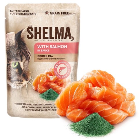 SHELMA saszetka z łososiem i spiruliną dla kota 85g