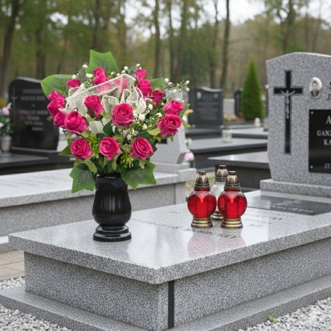 Bukiet flakon stroik na cmentarz grób sztuczne kwiaty róże