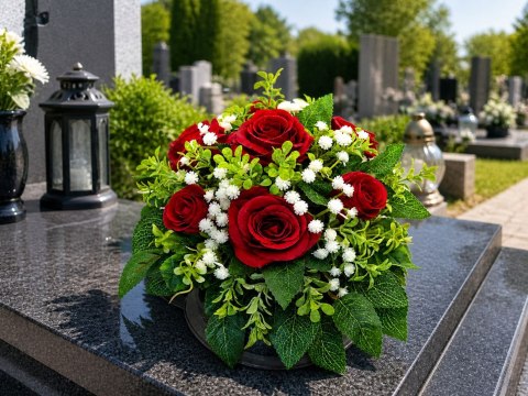 Stroik na cmentarz kompozycja kwiatowa na grób miska serce z obciążeniem