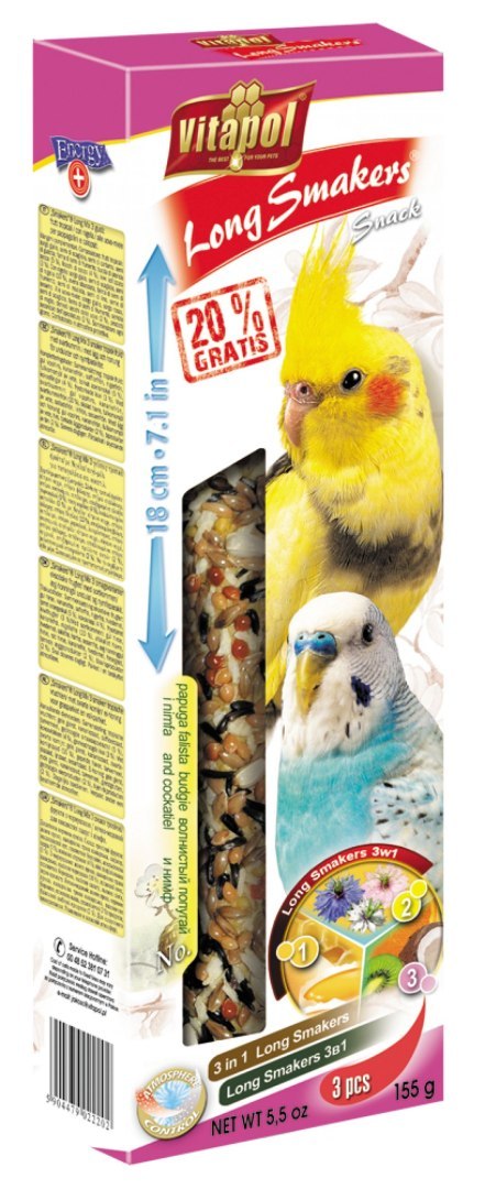 VITAPOL Smakers Long mix 3 smaki owoce tropikalne/z czarnuszką/jajeczno-miodowy dla papużki falistej i nimfy [ZVP-2220] 155g