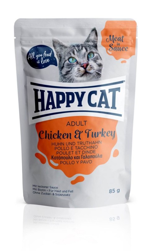 HAPPY CAT Saszetka Adult Kurczak i Indyk w sosie 85g