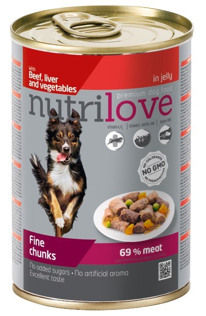 NUTRILOVE Premium kawałki z wołowiną, wątróbką i warzywani w galaretce dla psa 415g [11449]