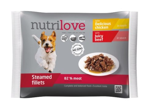 NUTRILOVE Premium mięsne kawałki w sosie 2x z kurczakiem, 2x z wołowiną dla psa 4x85g [11450]