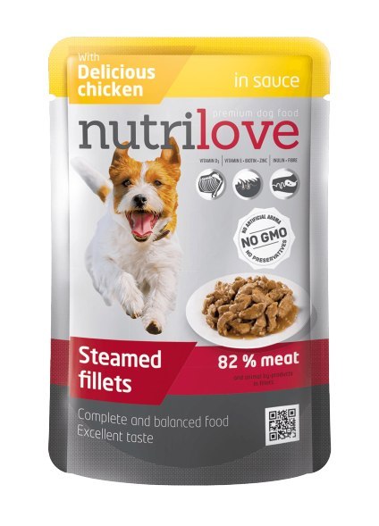 NUTRILOVE Premium mięsne kawałki w sosie z kurczakiem dla psa 85g [11452]