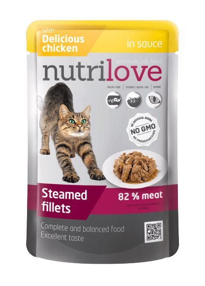 NUTRILOVE Premium mięsne kawałki z kurczakiem w sosie dla kota 85g [11456]